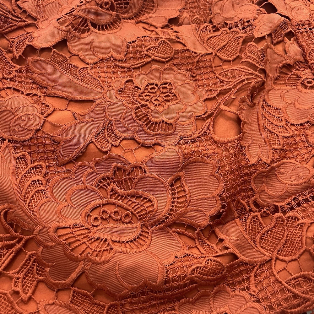 Mestiza New York Vanessa Belted Tiered Guipure Lace Midi Dress Red/Rust 8 Classy - Picture 14 of 16